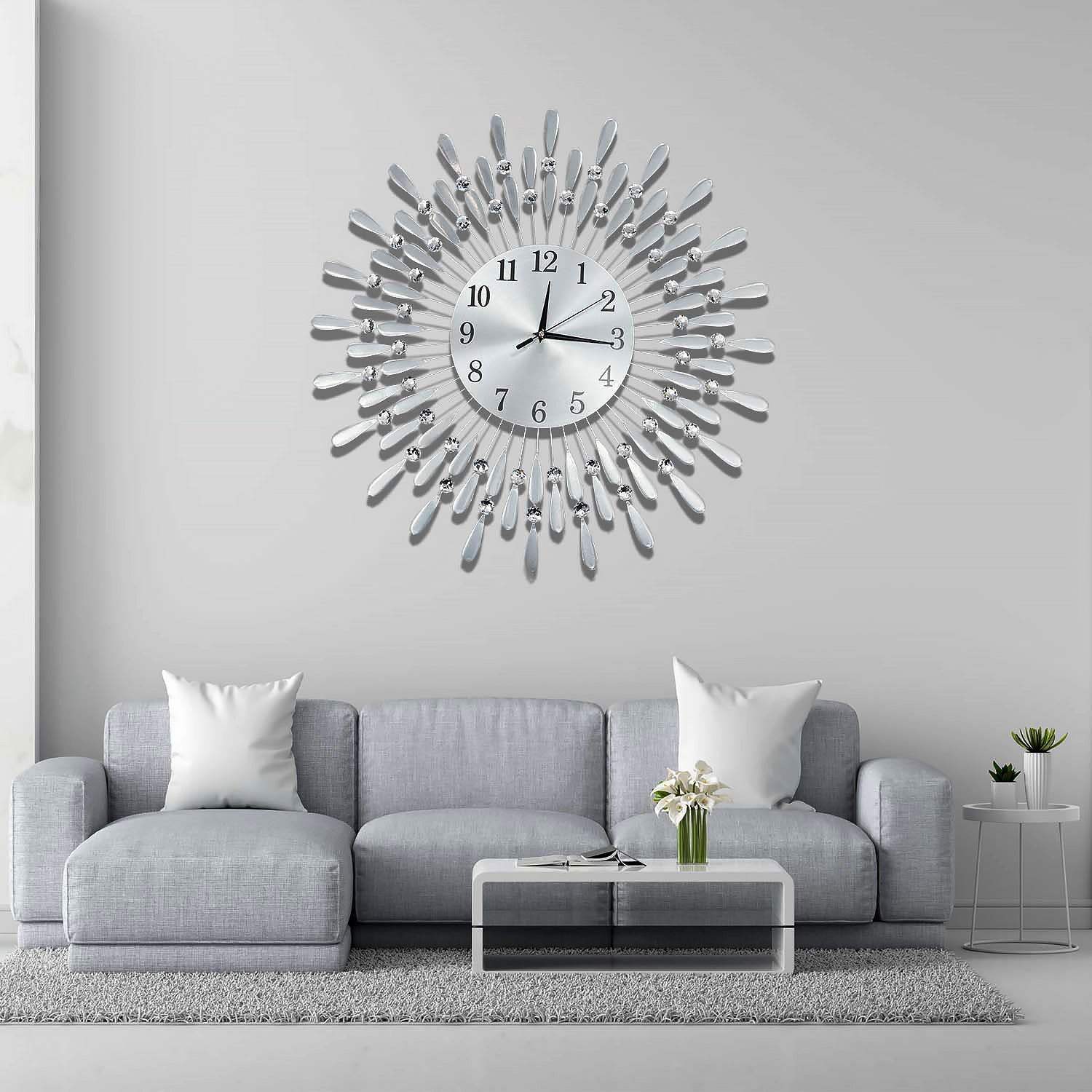 thumbnail image 2 of 60cm Diamante Beaded Crystal Quartz Wall Clock, Home Decor Living Room 2 of 2