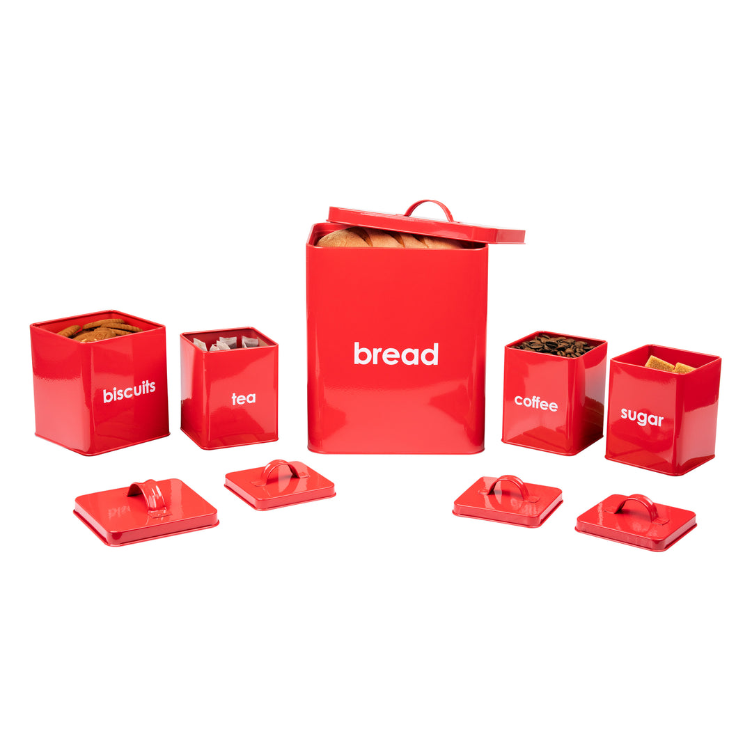 5PC Metal Bread Bin - Biscuits/Coffee/Tea/Sugar Canisters Set