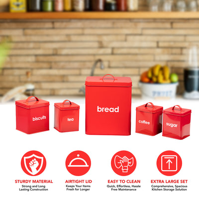 5PC Metal Bread Bin - Biscuits/Coffee/Tea/Sugar Canisters Set