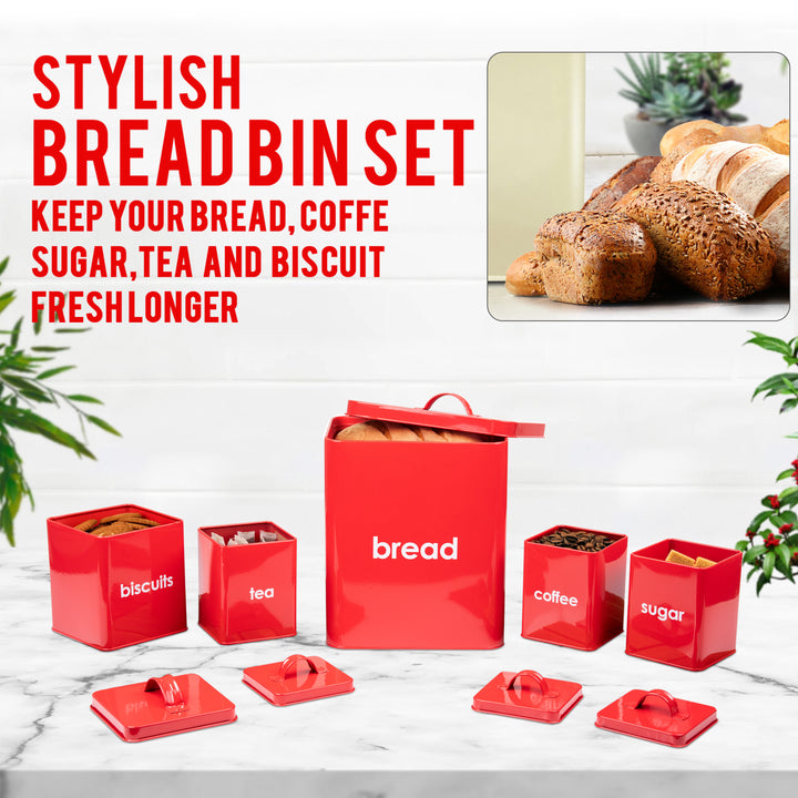 5PC Metal Bread Bin - Biscuits/Coffee/Tea/Sugar Canisters Set