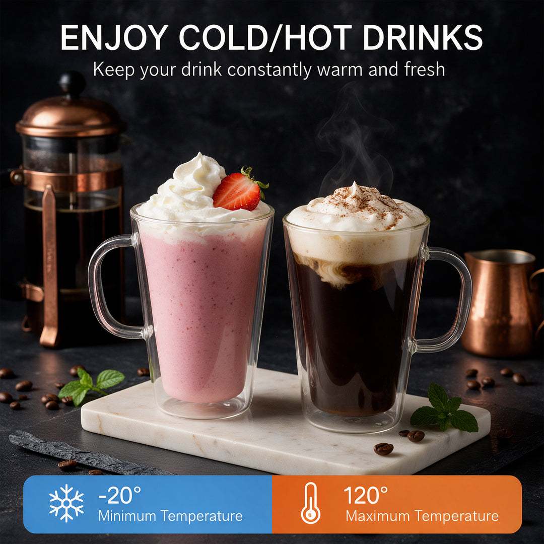 2x 450ml Double Wall Insulated Glass Coffee Mugs
