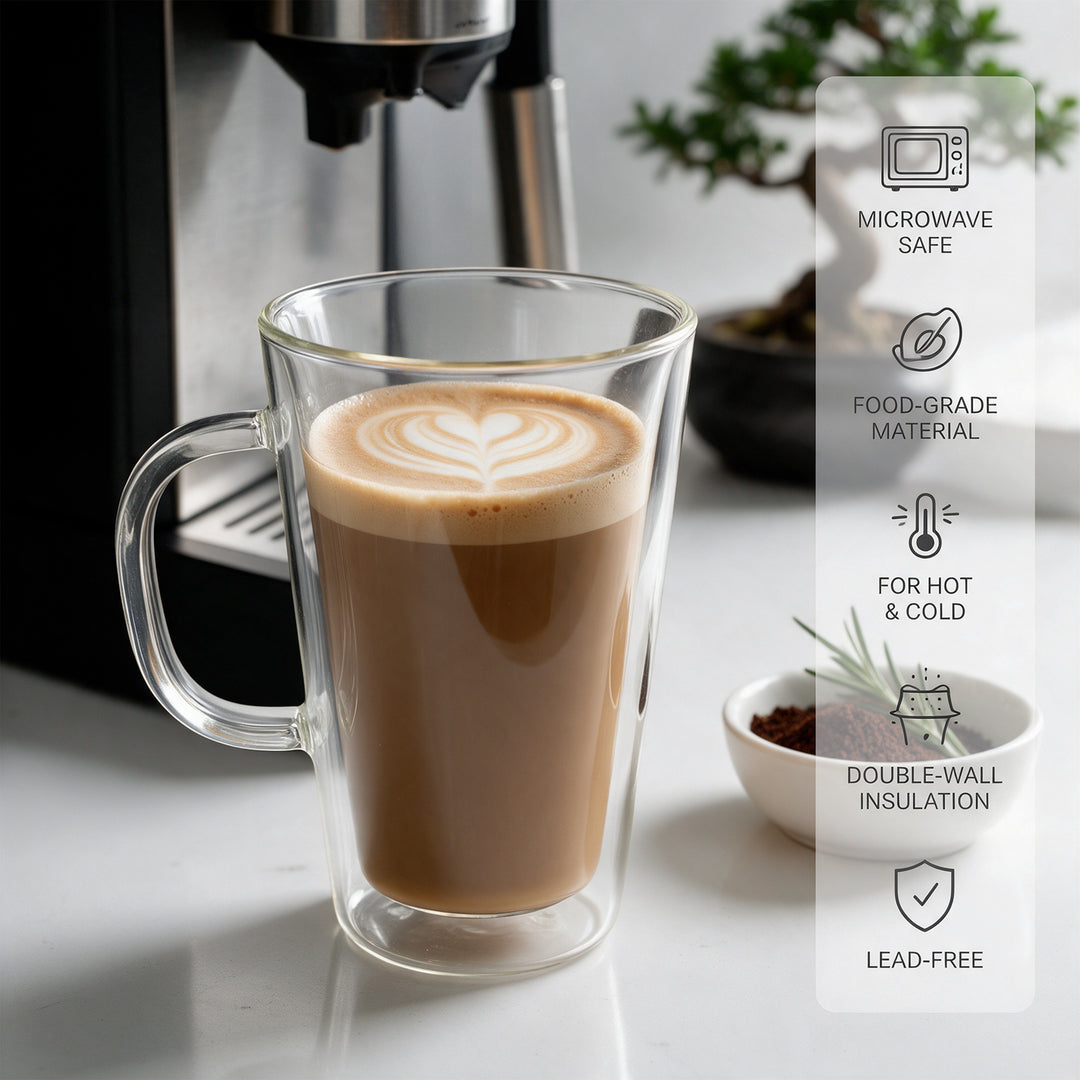 2x 450ml Double Wall Insulated Glass Coffee Mugs