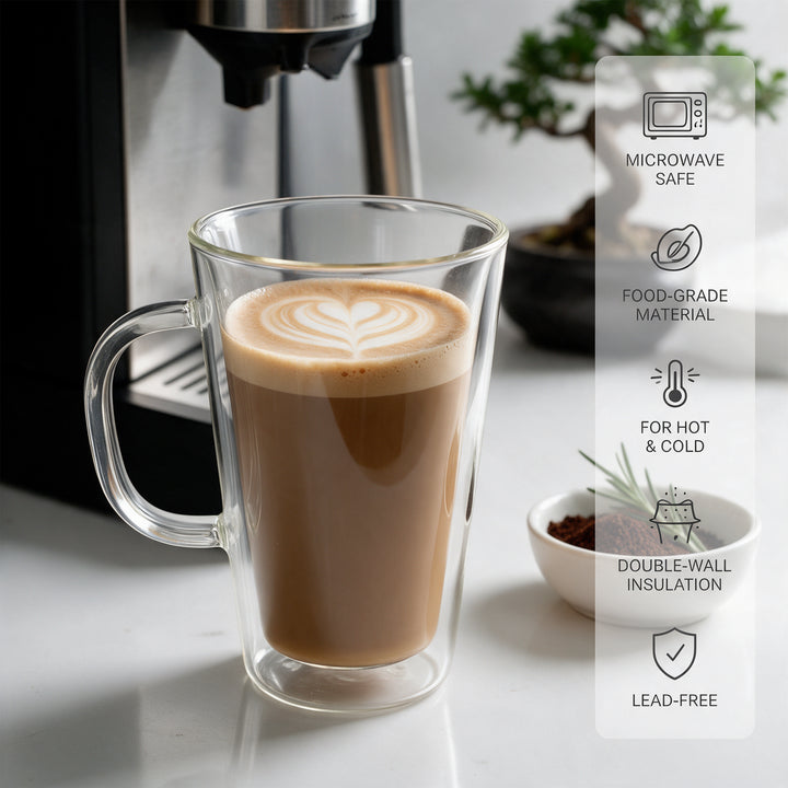 2x 450ml Double Wall Insulated Glass Coffee Mugs