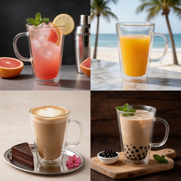 2x 450ml Double Wall Insulated Glass Coffee Mugs