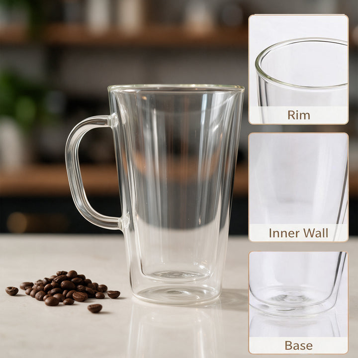 2x 450ml Double Wall Insulated Glass Coffee Mugs