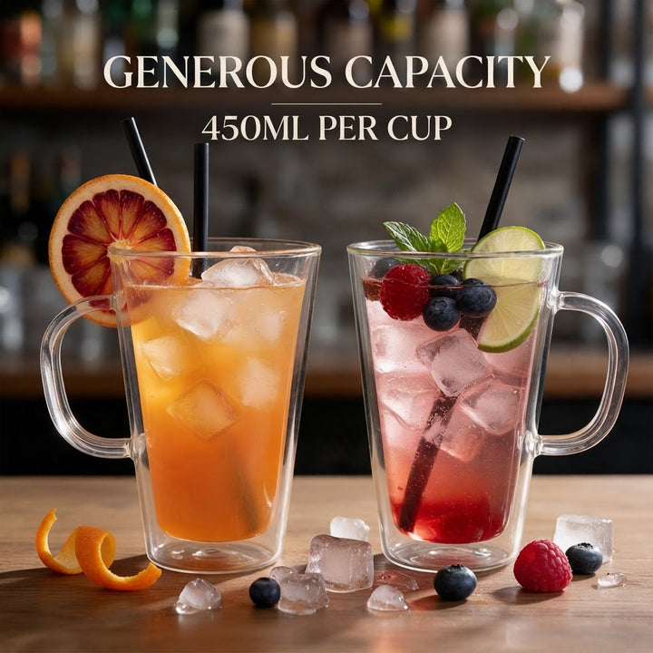 2x 450ml Double Wall Insulated Glass Coffee Mugs
