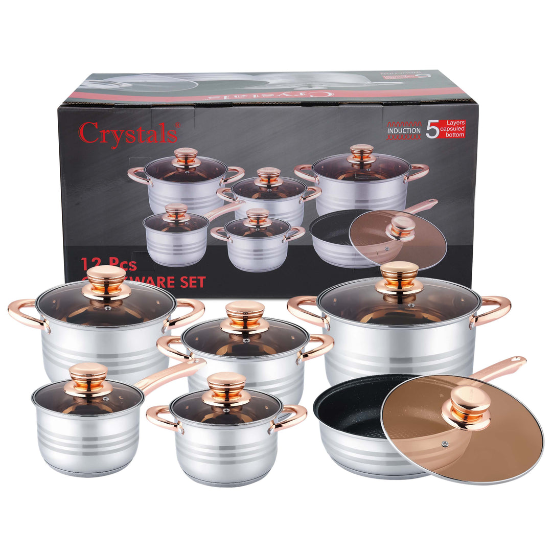 12Pcs Stainless Steel Cookware Set With Glass Lids