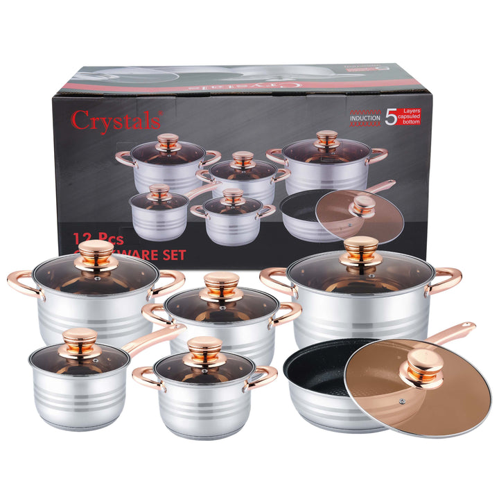 12Pcs Stainless Steel Cookware Set With Glass Lids