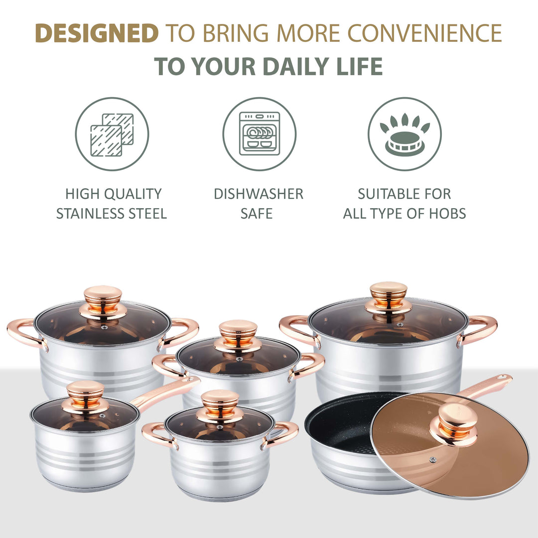 12Pcs Stainless Steel Cookware Set With Glass Lids
