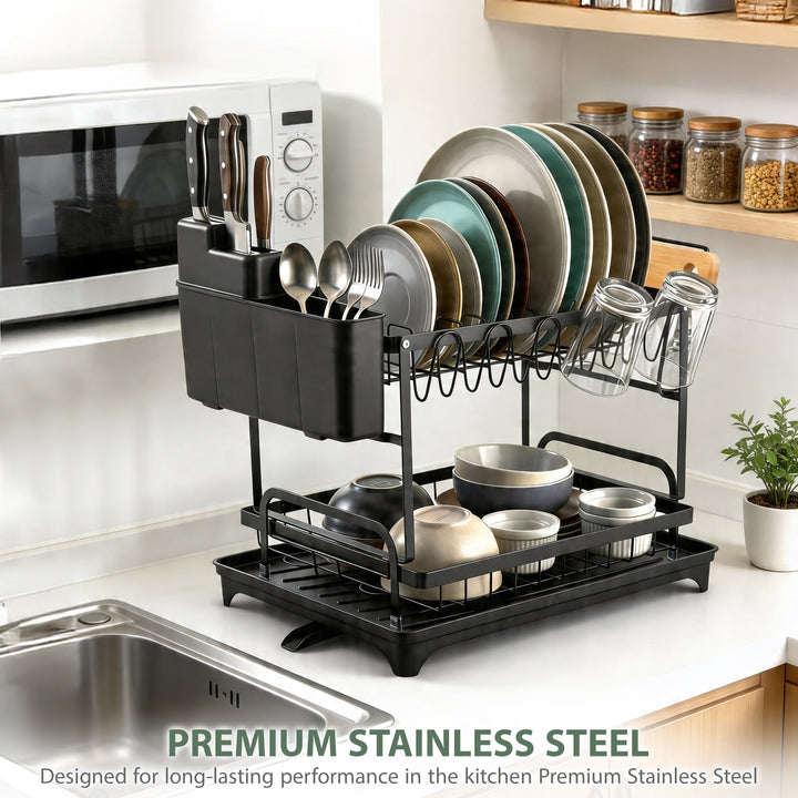 2 Tier Dish Drainer Rack with Drip Tray