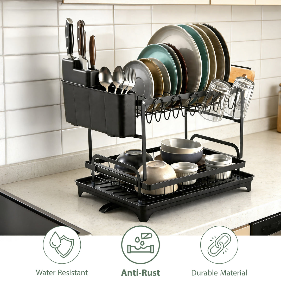 2 Tier Dish Drainer Rack with Drip Tray