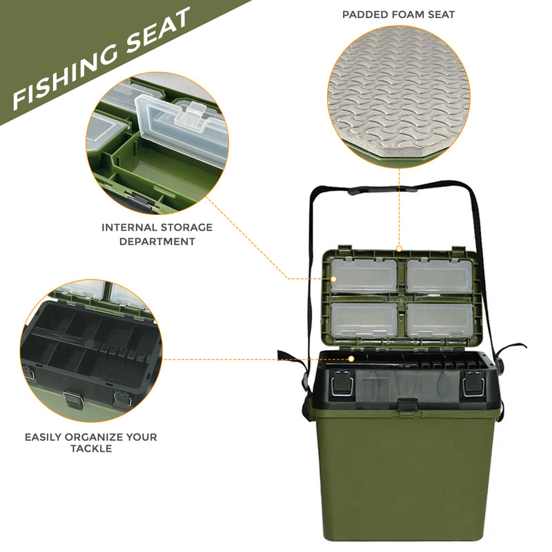 Fishing Tackle Box with Padded Seat & Straps