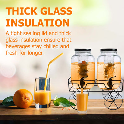 2x 4 Litre Dual Glass Beverage Dispensers With Screw Lids & Stand – Fruit Infuser Ready