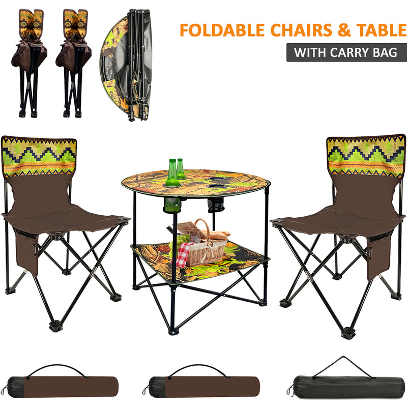 3Pc Foldable Camping Table & Chair Set