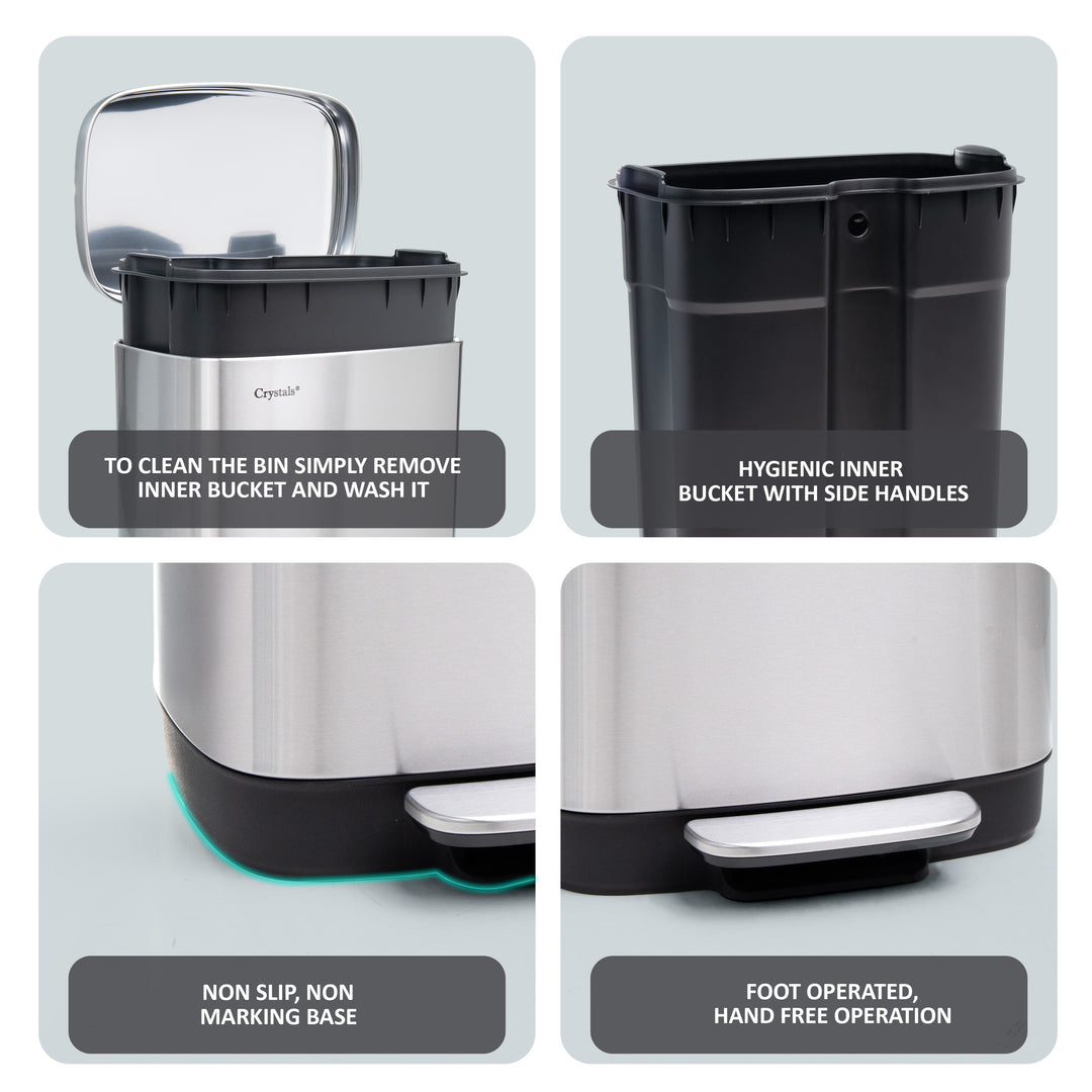 30L Rectangular Pedal Bin Soft Close Lid - Silver