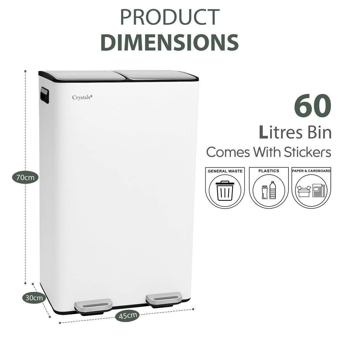 60 litre pedal bin 60L Dual Recycling Pedal Bin for Kitchen – White Stainless Steel Lid – Denny Shop UK