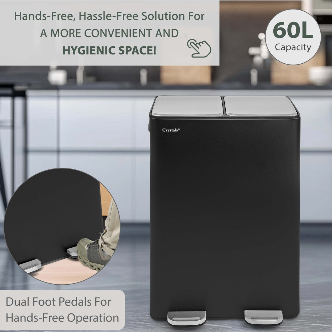 60L Dual Compartment Pedal Bin Black