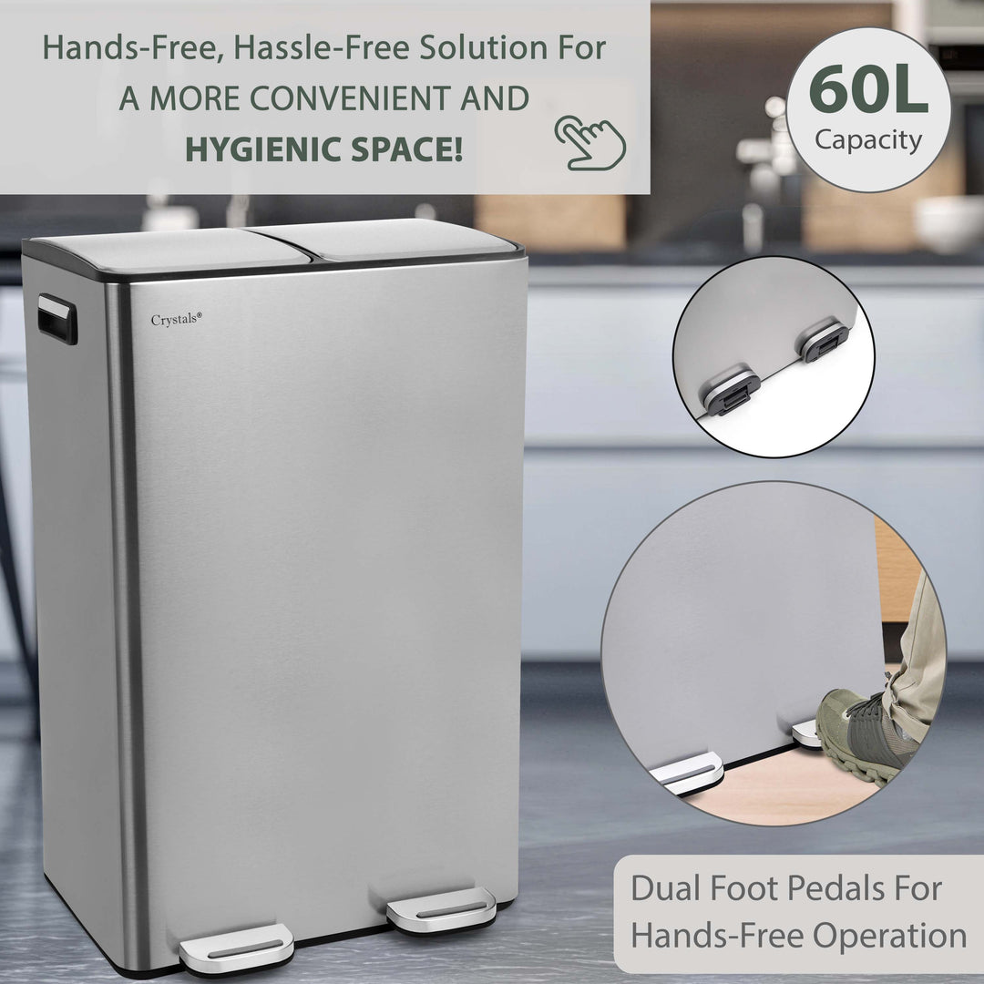 60L Dual Compartment Pedal Bin Silver
