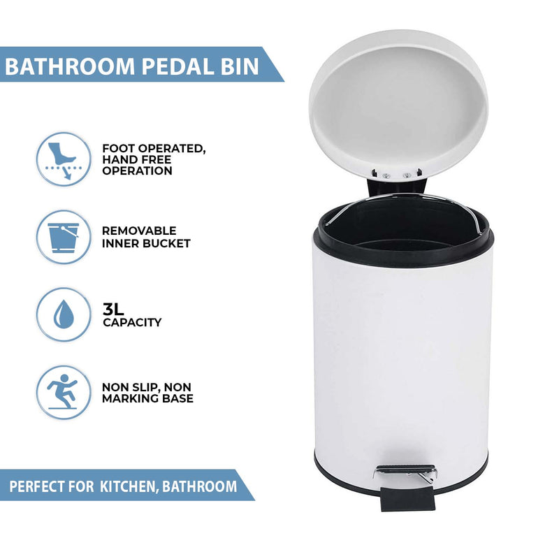 3 Litre Stainless Steel Pedal Bin White