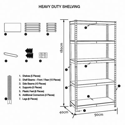 5-Tier Heavy Duty Garage Storage Racking Shelf - 90 x 40 x 180cm