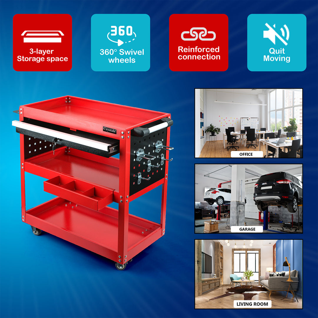 3-Tier Tool Trolley Cart Roller with Drawer