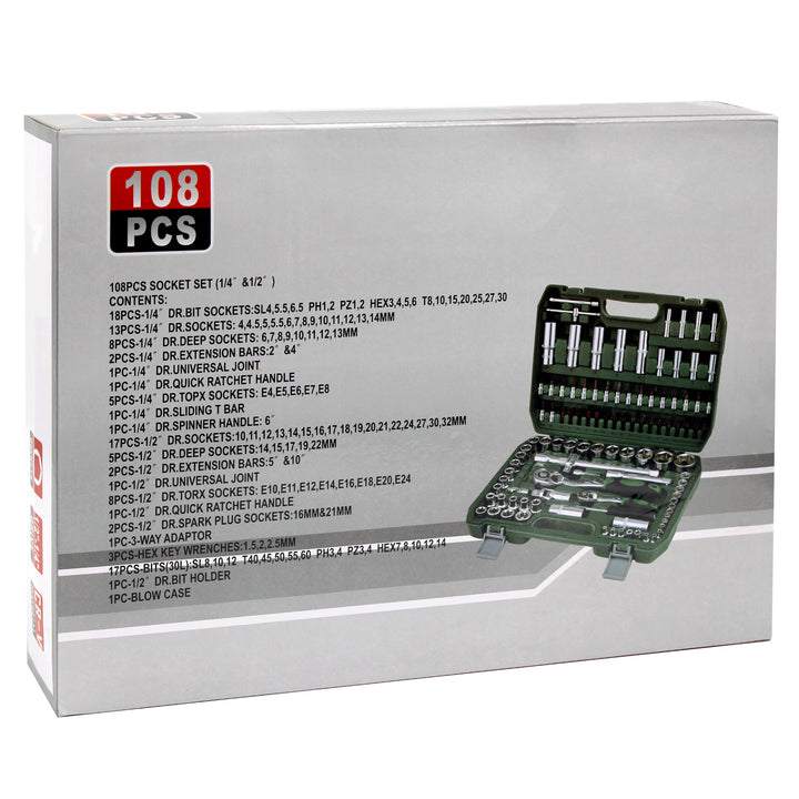 108 Pcs 1/4" & 1/2" Socket Ratchet Torx Set