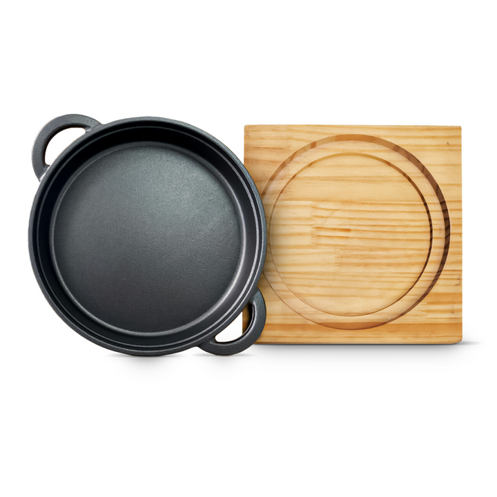 Cast Iron Frying Pot With Wood Board