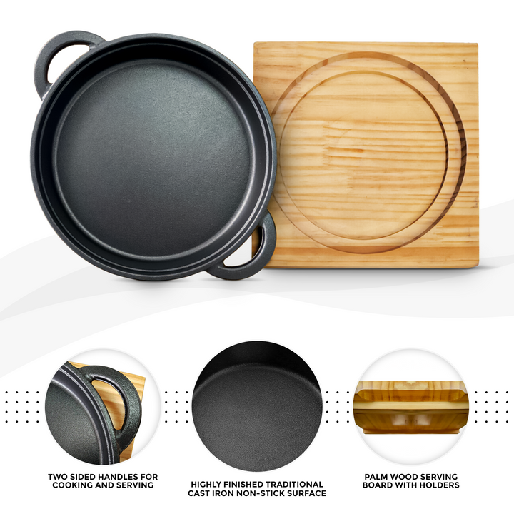 Cast Iron Frying Pot With Wood Board