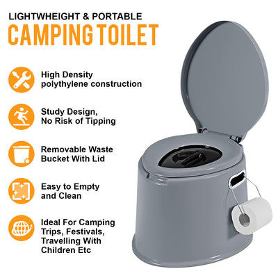 6L Large Portable Compact Potty Camping Toilet Grey