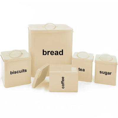 5PC Metal Bread Bin - Biscuits/Coffee/Tea/Sugar Canisters Set