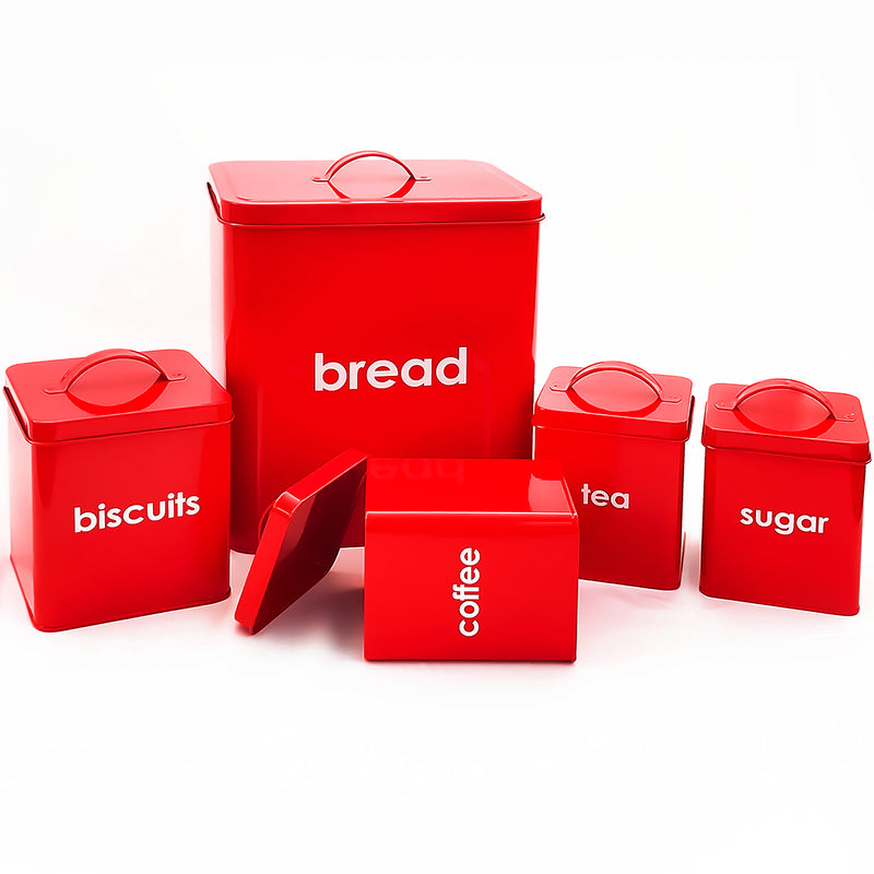 5PC Metal Bread Bin - Biscuits/Coffee/Tea/Sugar Canisters Set
