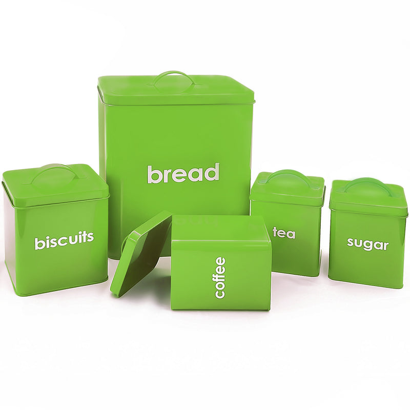 5PC Metal Bread Bin - Biscuits/Coffee/Tea/Sugar Canisters Set