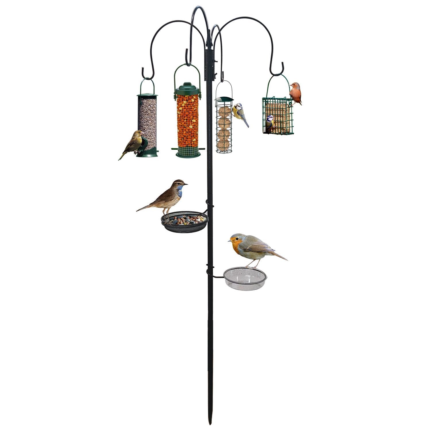 A bird feeding station with a water bath and stabilizer. It includes various feeders such as seed feeders, nut feeders, and a fat ball feeder, along with a removable mesh tray and water dish, all mounted on a tall pole with stabilizing prongs at the base.
