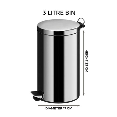 3 Liter Stainless Steel Silver Pedal Bin - Silver