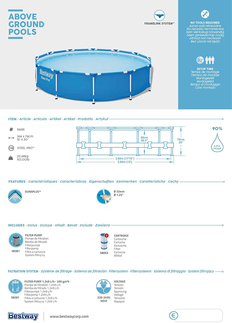 Bestway Steel Pro Swimming Pool with Filter Pump - 366 x 76 cm