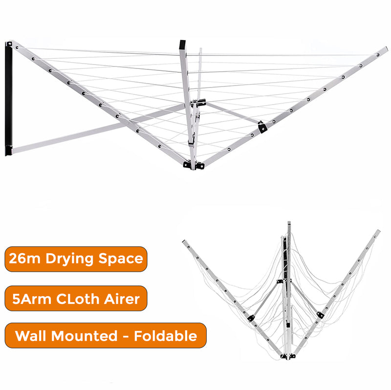 5 Arm 26m Wall Mounted Clothes Airer